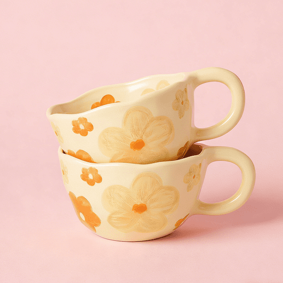 Ceramic Coffee Mug Set of 2 Vintage Flower Mugs 8 oz Cute Floral Coffee Mugs Irregular Latte Art Cup Lead-free Porcelain Cups for Cappuccino, Cocoa (2 Orange Flower)