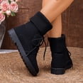 thumbnail image 4 of Rokment Womens Platform Combat Boots Fall Winter Trendy Casual Knit Patchwork Foldover Flat Low Heel Mid Calf Short Booties Black Size 6, 4 of 7