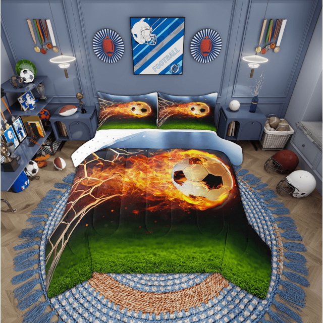 Erosebridal Soccer with Fire Bedding Full Comforter Set, Football Field Down Comforter, Reversible 3pcs