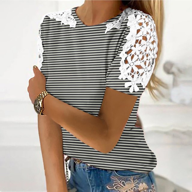 Blouses pour Femmes, Femmes Imprimé Manches Courtes Col Rond Chandail Dentelle Hauts Chemises Blouse