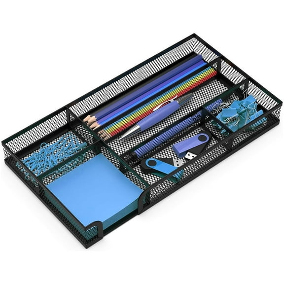 Style-Carry Metal Mesh Dividers Desktop Drawer Organizer, Pencil Holder Drawer Tray Storage for Office Accessories and Supplies (Black 11" x 6.1" x 1.38")