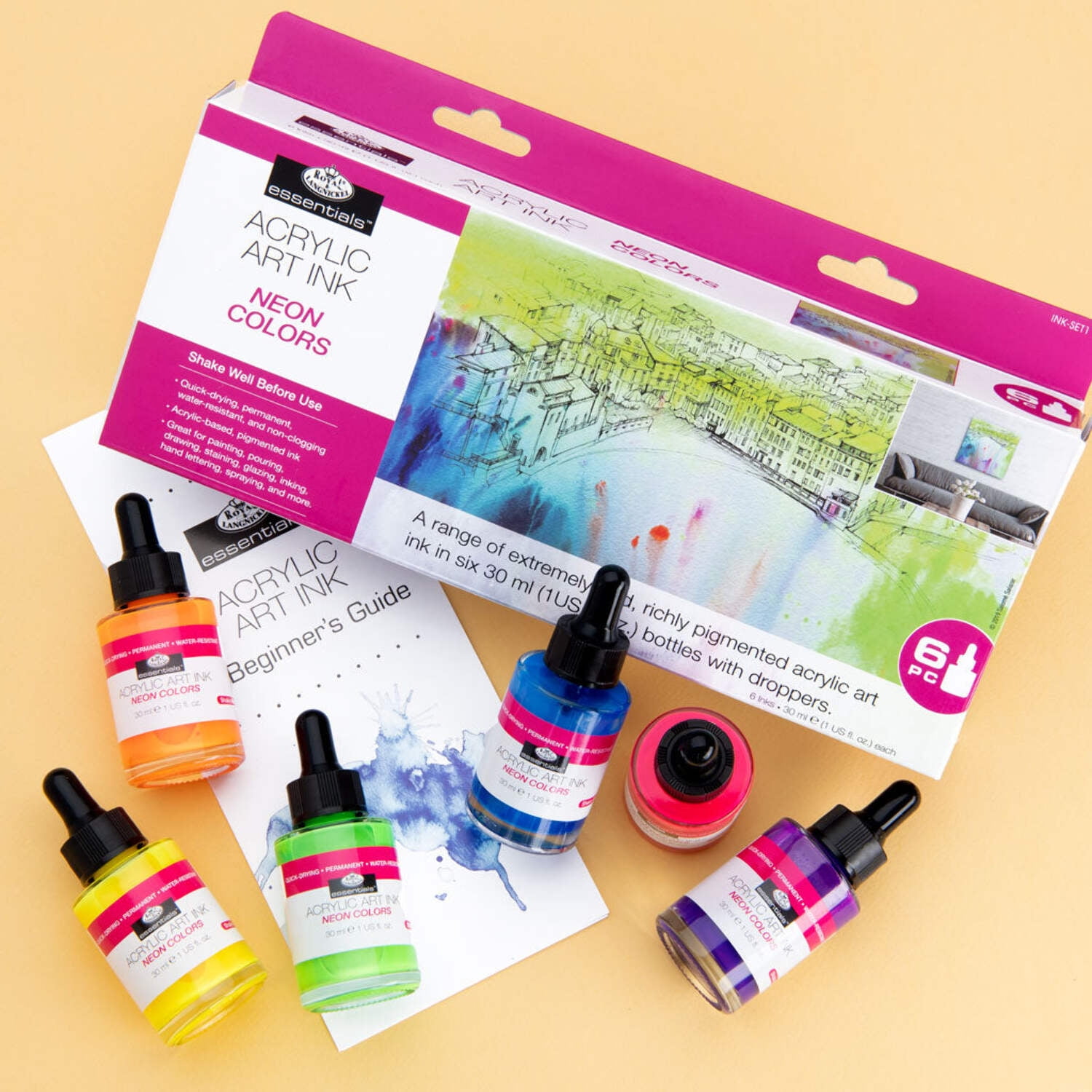 Royal & Langnickel Essentials™ 6pc Neon Colors Acrylic Art Ink Bottles