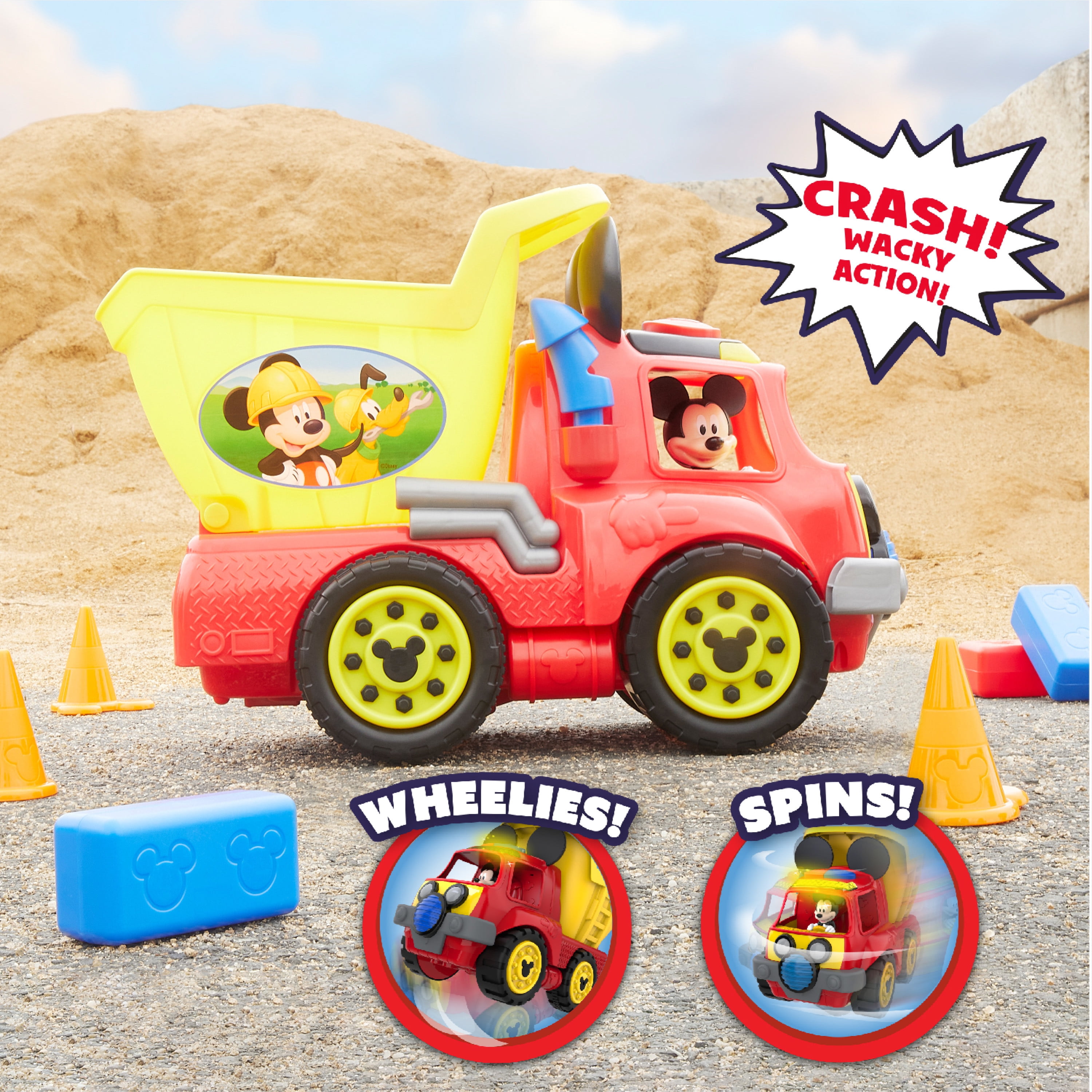 Disney Junior Mickey Mouse Funhouse Wacky Wheeler Dump Truck, Interactive Toy Construction Vehicle with Lights and Sounds,  Kids Toys for Ages 3 Up, Gifts and Presents