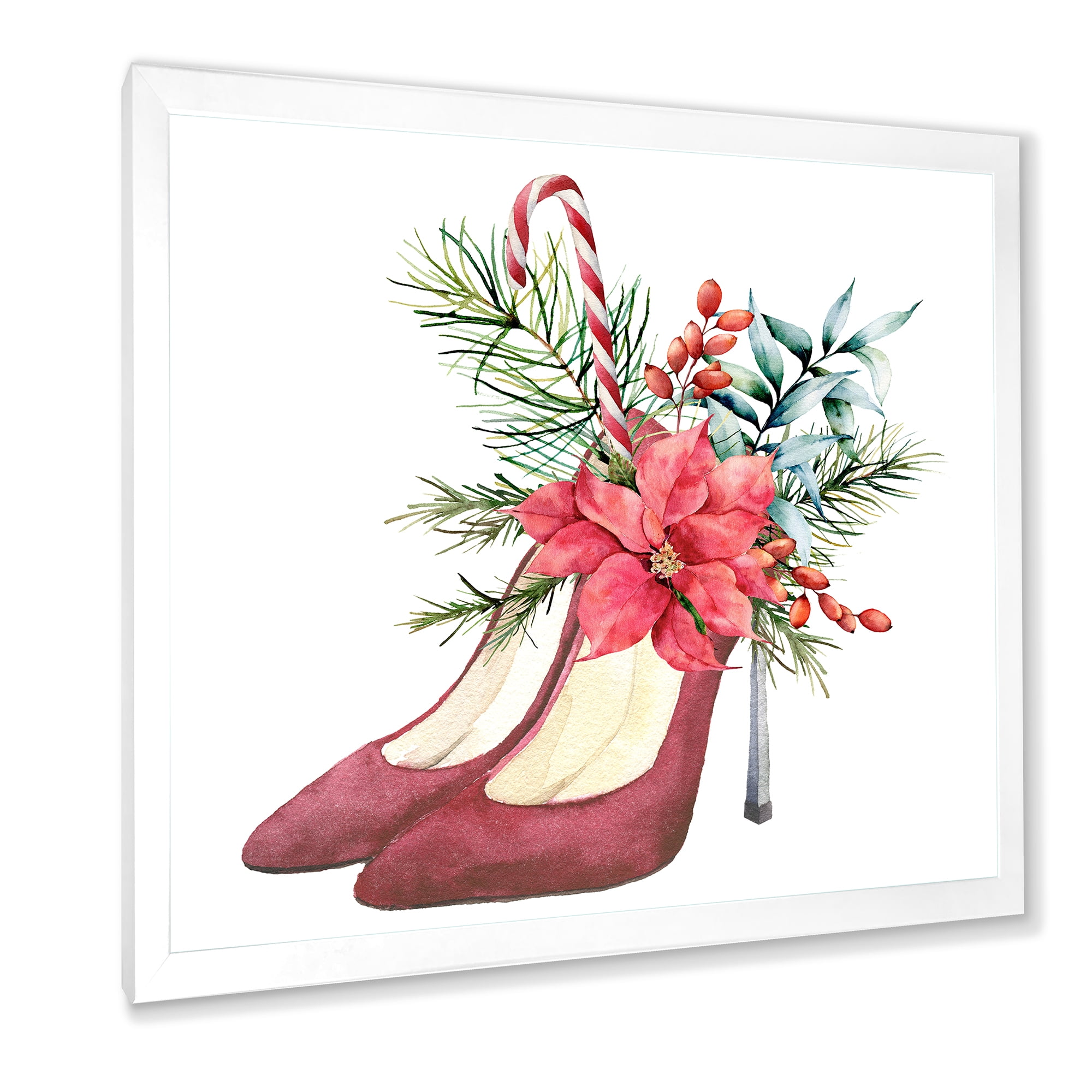 Designart 'Red Suede Heeled Shoes With Christmas Red Floral Decor' Traditional Framed Art Print