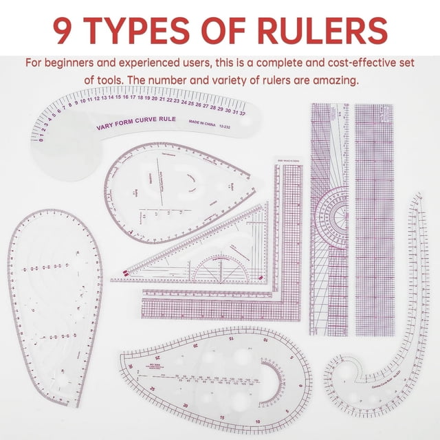 HLONK Sewing Ruler Set Inch and Metric Clear Curve Straight Shape Marking Ruler Kit Precise Sewing Measuring Ruler