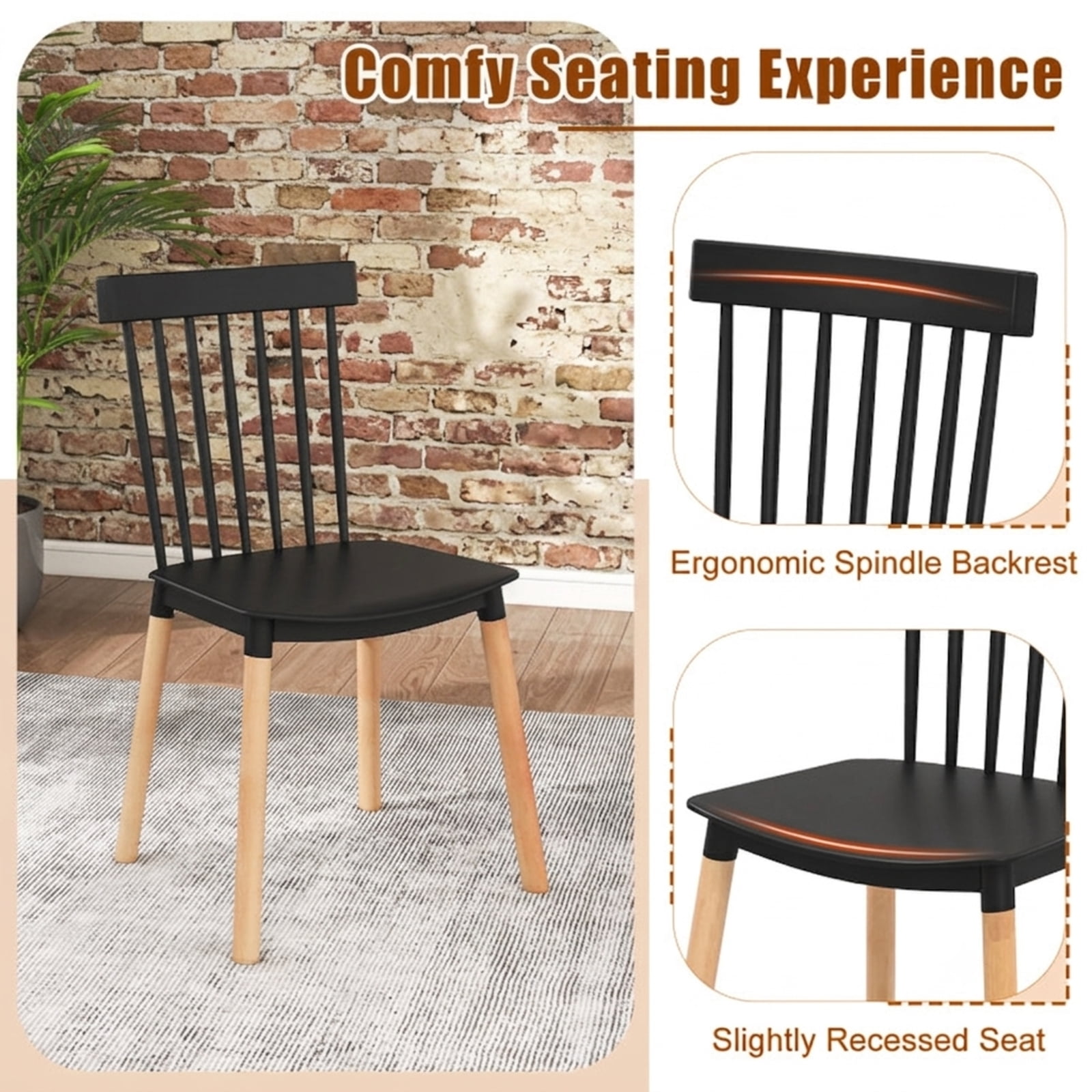 Furnibear Set of 4 Windsor Dining Chairs with Spindle Backs and Curved Seats for Kitchen Dining Room Living Room Home, Black