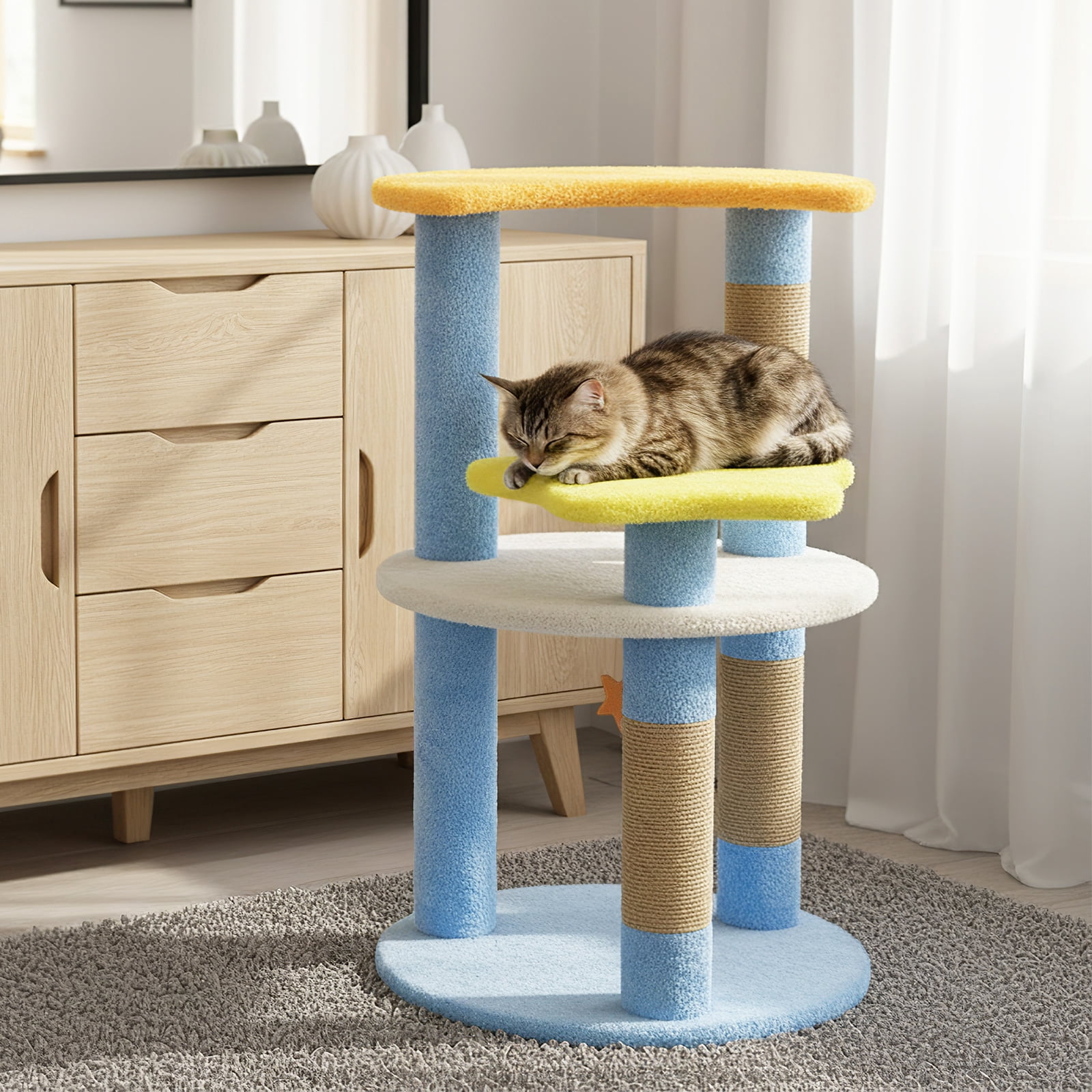 Costway 29” Cute Modern Cat Tree with Star & Moon Shaped Platforms, Jute Scratching Posts Blue