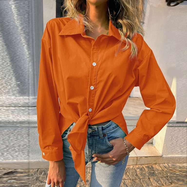 Comfy Flowy Hide Belly Long Shirt Long Sleeve Shirts Button Down Collared  Solid Dressy Tunic Tops to Wear with Leggings Plus Size Tops for Women  Orange M 