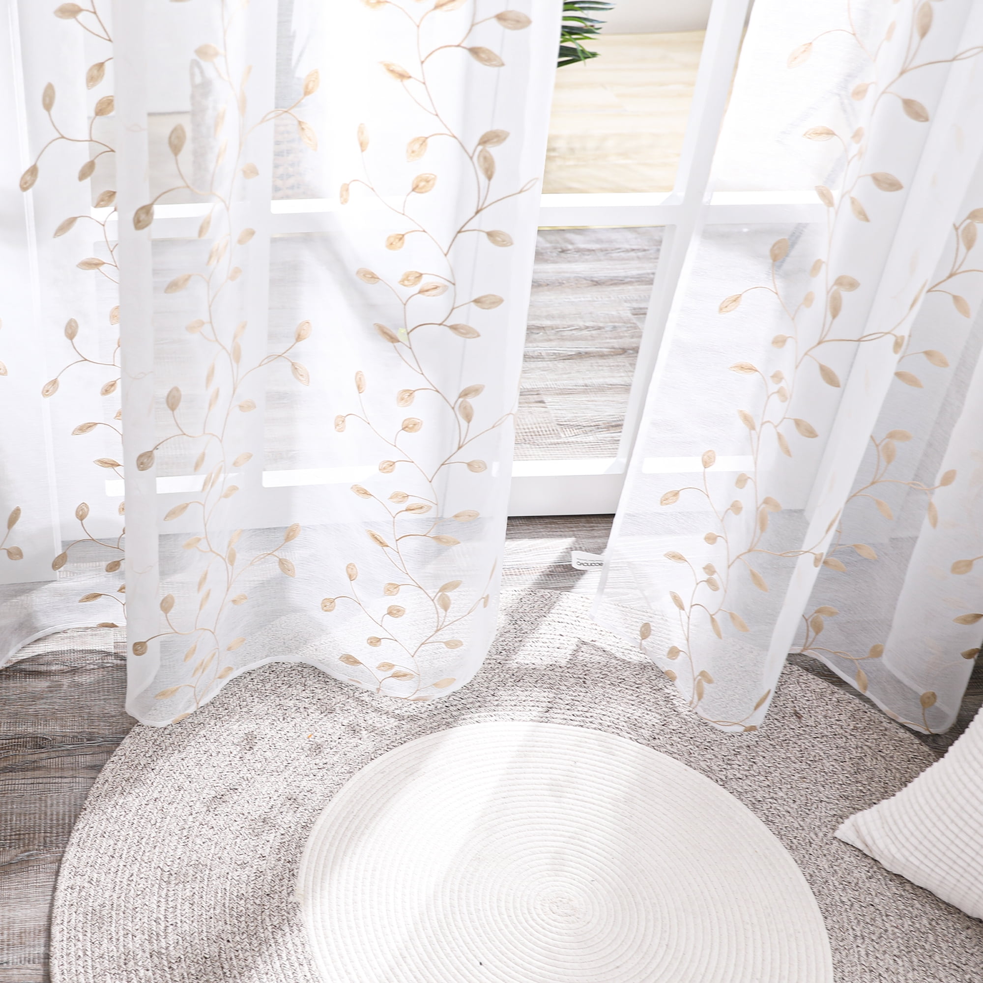 Deconovo Sheer Curtains 84 inches Long, Leaf Pattern Embroidery Floral Curtains for Bedroom Living Room - 2 Panels, Each 52x84 in, Beige