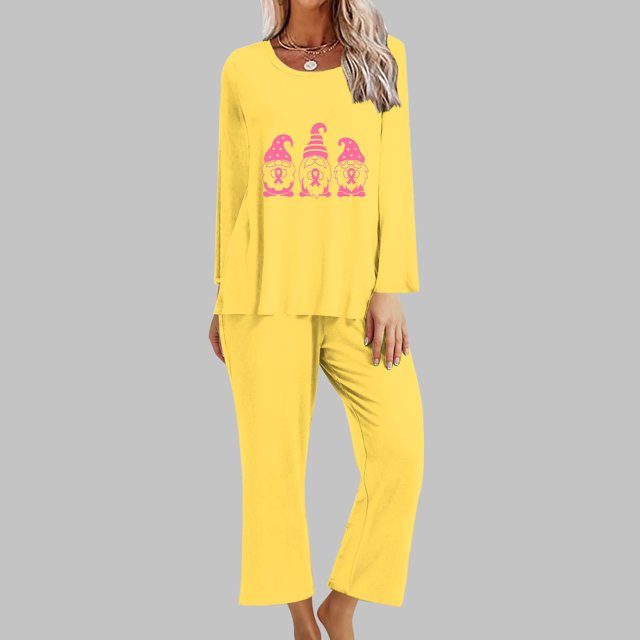 Puntoco Mujer Otoño Moda Cáncer De Mama Impreso Cuello Redondo Manga Larga + Pantalones Traje Amarillo Xxl