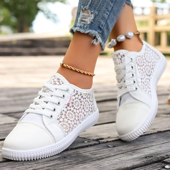 Domuza Women's Breathable Casual Sneakers Lightweight Comfortable Walking Shoes Slip On Flat Lace Up Fashion Mesh Tennis Sneakers White 7(EU-38)