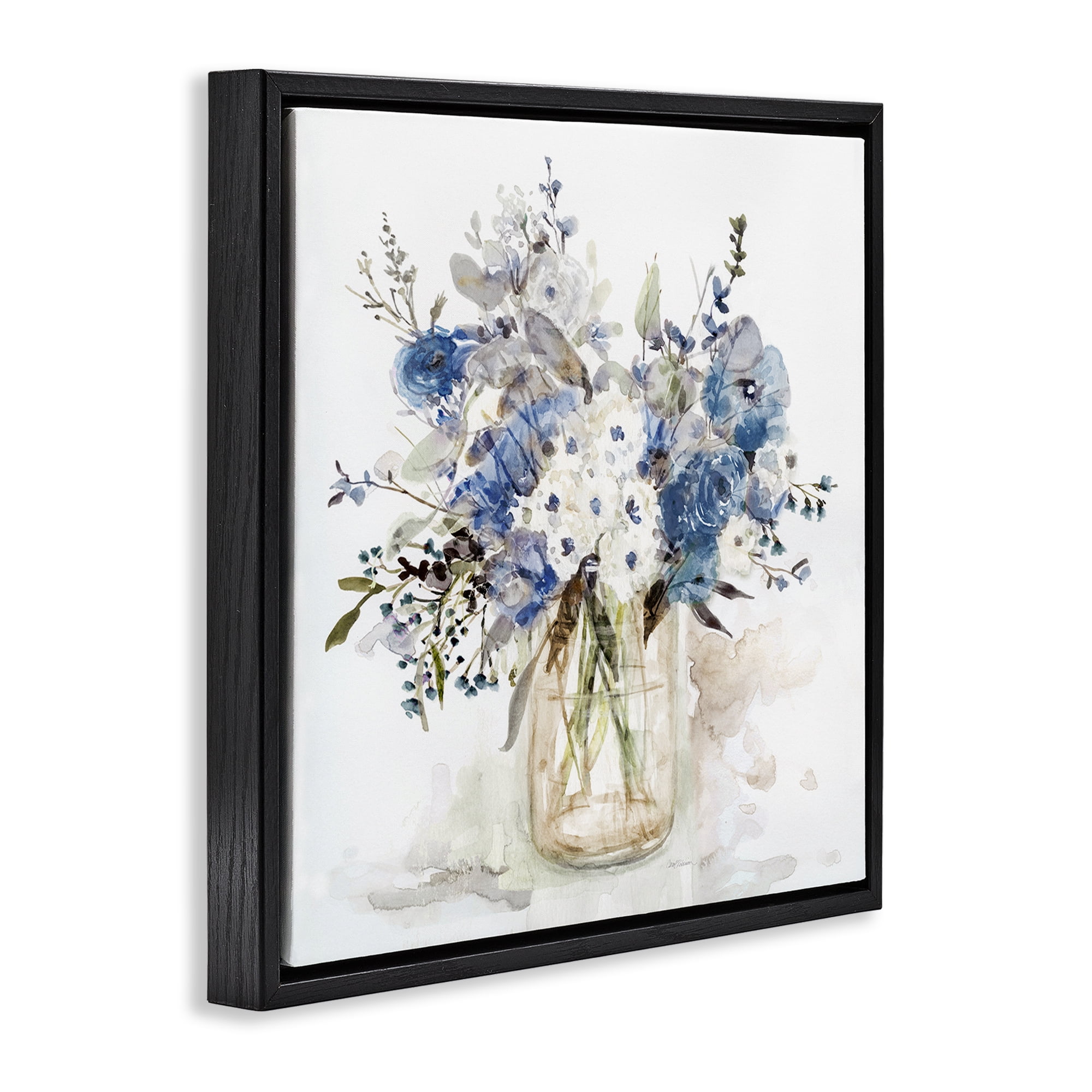 Stupell Industries Blue & White Spring Flowers Black Framed Floater Canvas Wall Art, design by Carol Robinson