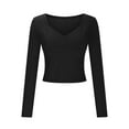 thumbnail image 4 of Aueoeo Women Shirts Basic Tight Athletic Wokout T-Shirt Trendy V Neck Going Out Tops Long Sleeve Lightweight Tops Black L, 4 of 8
