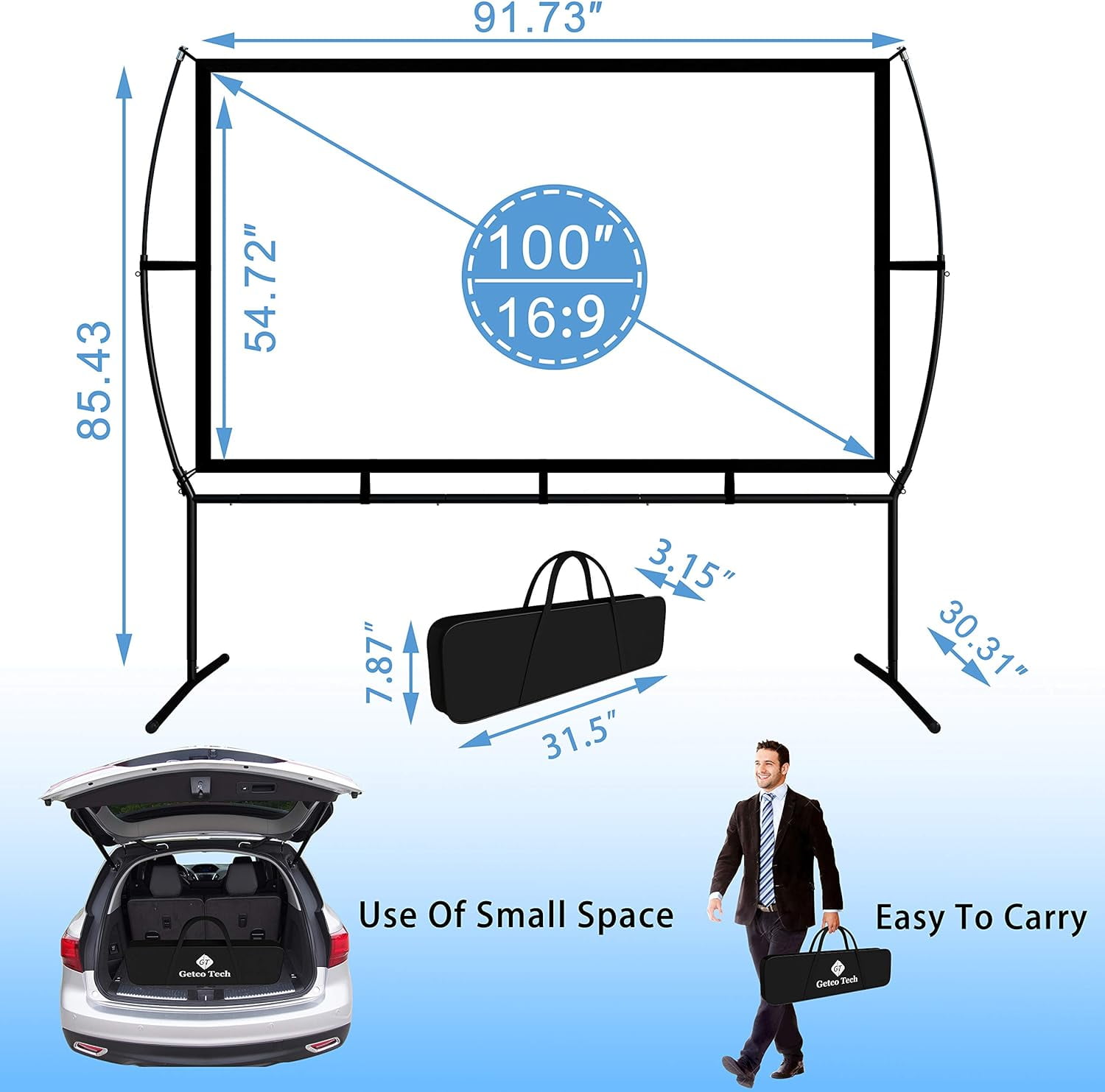 AYAOQIANG Projector Screen with Stand 100 Inch , HD 4K Double Sided Projection Screen Indoor Outdoor Projector Movies Screen for Home Theater,16:9