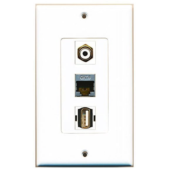 RiteAV - 1 Port RCA White and 1 Port USB A-A and 1 Port Shielded Cat6 Ethernet Decorative Wall Plate Decorative