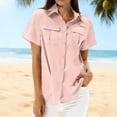 thumbnail image 2 of Hueook Summer Womens Button Down Shirt Women's Solid Color Zippered Pockets Blouses Short Sleeve Button-Up Turndown Collar Casual Fashionable Top Pink L, 2 of 7