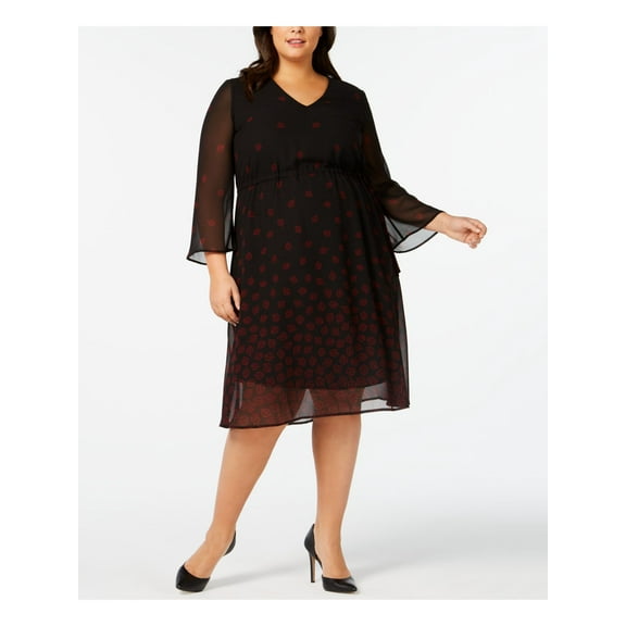 ANNE KLEIN Womens Black Printed Sheer Lined Long Sleeve V Neck Knee Length Cocktail Dress Plus  Size: 22W