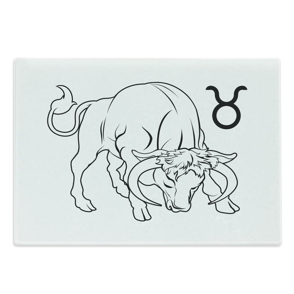 Zodiac Taurus Cutting Board, Hand Drawn Style Bull Outline with Horoscope Sign Monochrome Design, Decorative Tempered Glass Cutting and Serving Board, Large Size, Black and White, by Ambesonne