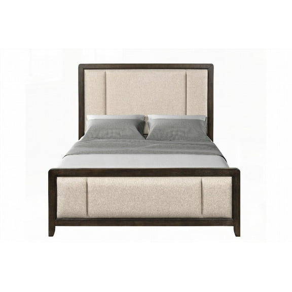 Traditional Upholstered Headboard & Footboard with Antique Brown Wood Finish