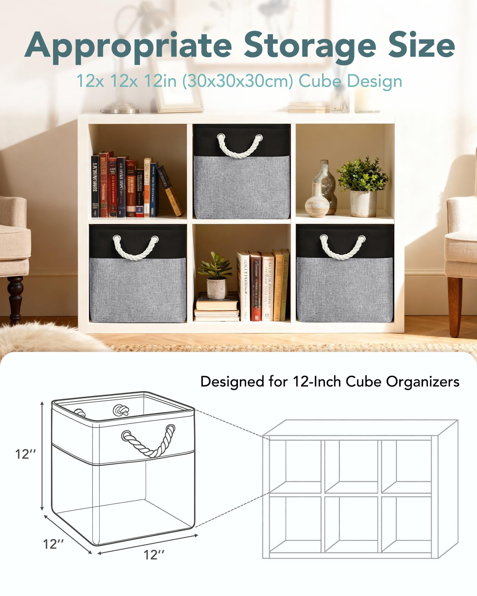 12x12 Storage Cube Bins  6 Pack Reinforced Bottom Cardboard Foldable Box Organizer For Closet Shelves Heavy Home Baskets (black Gray)