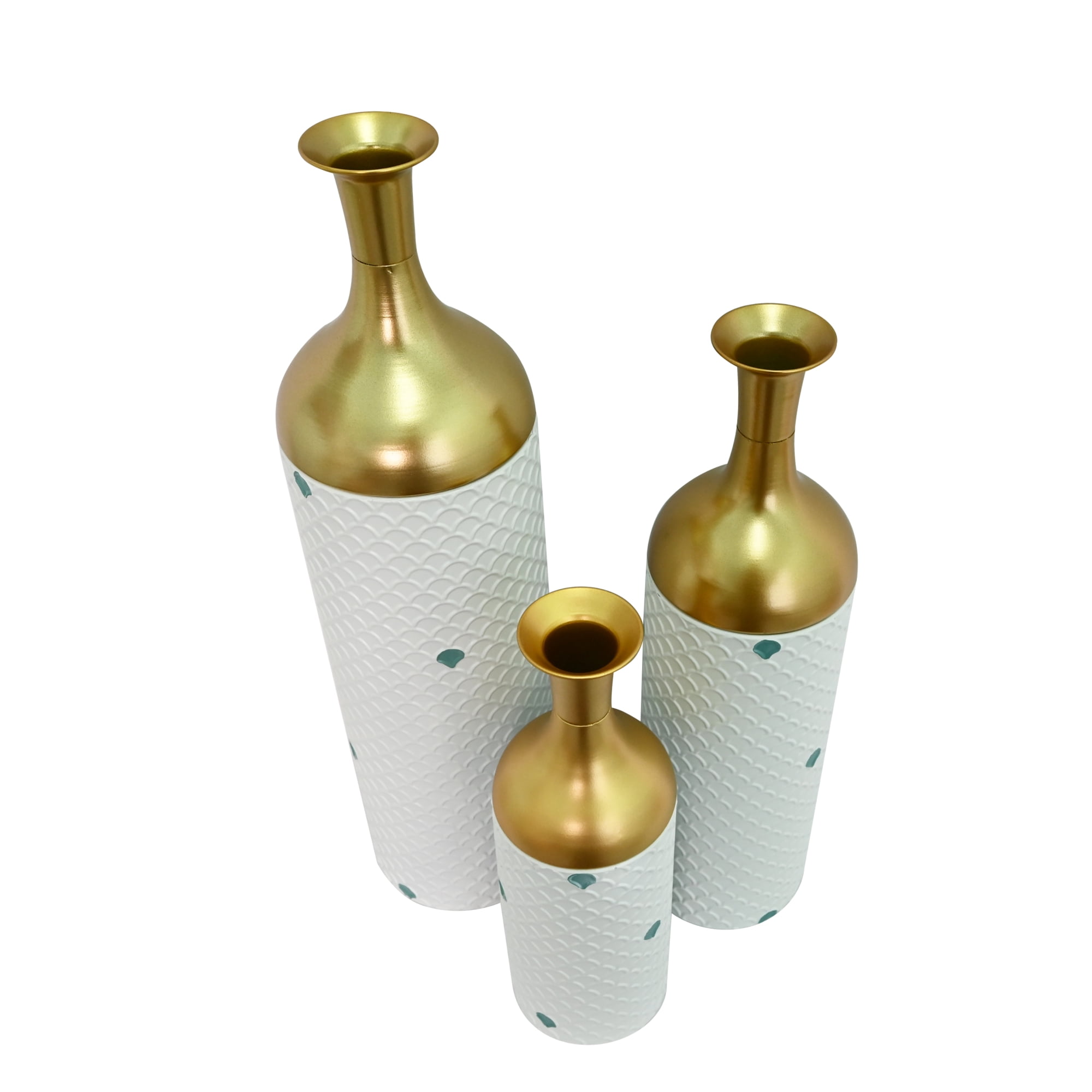 Leumius Decorative Metal Vases Set of 3, Gold Leaf Pattern Floor Vases, White & Gold Tall Vases for Home Decor, Living Room Entryway Decor