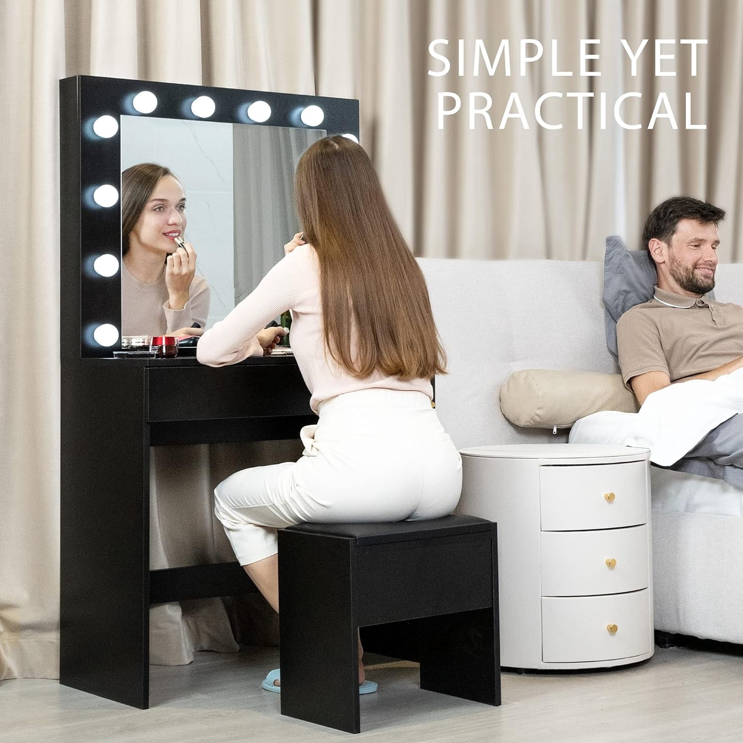 SPECSTAR Makeup Vanity Set with 12 Light Bulbs, Makeup Dressing Table with Lighted Mirror and Large Drawer, Black