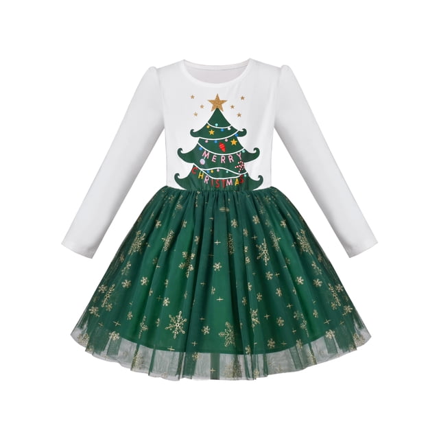 Robe Fille Verte Arbre de Noël Flocon de Neige Tutu Manches Longues 5 Ans