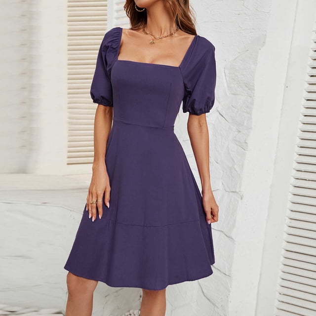 LOVZFMLL Women's Casual Solid Color Neck Sleeve Dress Gray L
