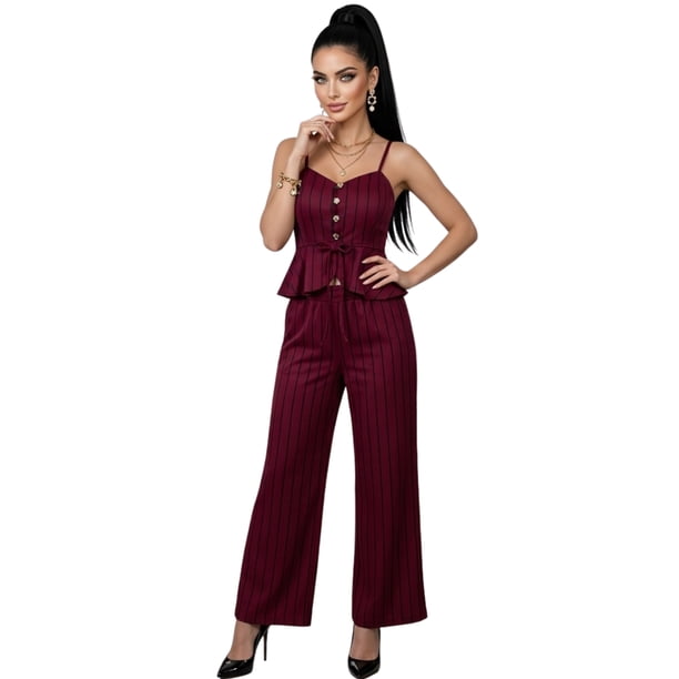 Conjunto para Mujer 2 Piezas Rayado Top Peplum con Tirantes y Pantalón Palazzo Set Elegante Casual de Tela Ligera