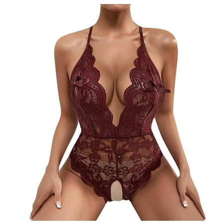 

RPVATI Halter Bodysuit for Women Lace Hollow Out Teddy Sexy Babydoll
