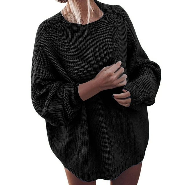 Aocisk Chandail Tricoté Ample à Col Rond et Épaules Tombantes pour Femmes, Noir, TG, Mode Hivernale