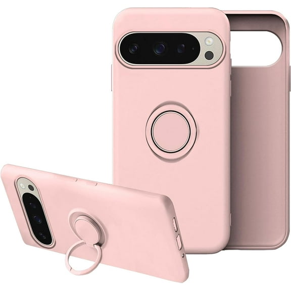 Compatible with Google Pixel 9 Pro Case with Ring Kickstand Green, for Google Pixel 9 Pro Phone Case Silicone Liquid with Soft Microfiber Lining Slim Shockproof Protective Cover (Rosa)