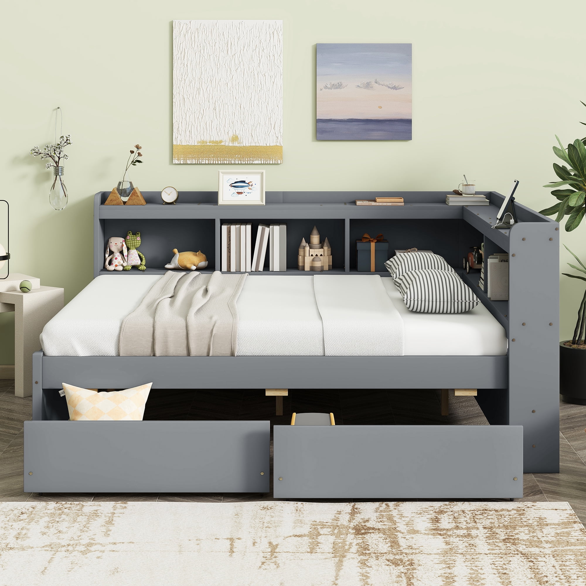 Sailvan Full Size L-shaped Bookcases Bed with Power Outlets, USB Charging Ports,Two Drawers