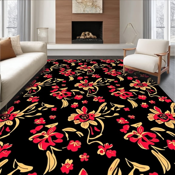 Flatwoven High Traffic Area Rug, Black Cat & Blossoms Entryway, Non Slip, Stain Resistant, Washable Area Rugs for Living Room, Bedroom(Black, 4X6)