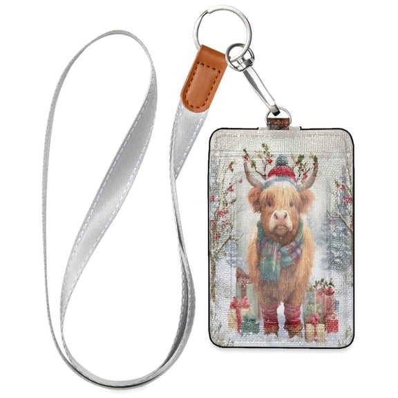 PU Leather ID Badge Holder Stylish Badge Holders with Lanyard (4.3x2.8x0.3in) for Cards & Credentials Cow Wearing Christmas Hat