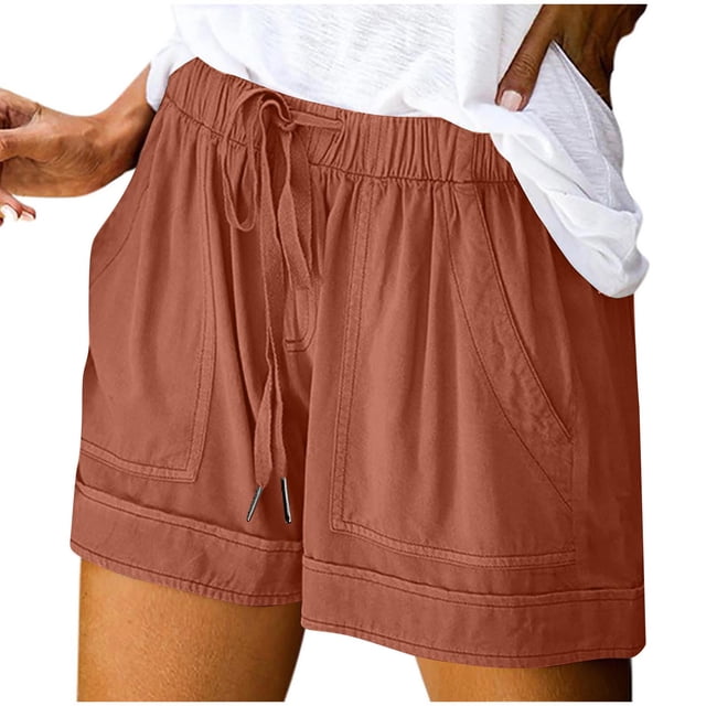 Shorts for Women, Plus Size Elastic Waist with Drawstring and Side Pockets, Solid Brown Color, Casual Loose Fit, Summer Spring Wear, Soft Polyester Fabric