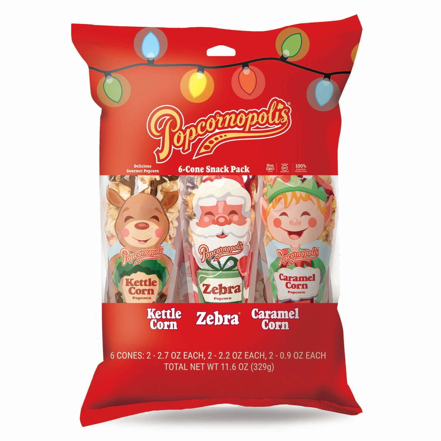 Popcornopolis Christmas Gourmet Popcorn Cone Variety Pack, 6 Ct (Kettle Corn, Caramel Corn, Zebra Popcorn, 11.6 Oz.)