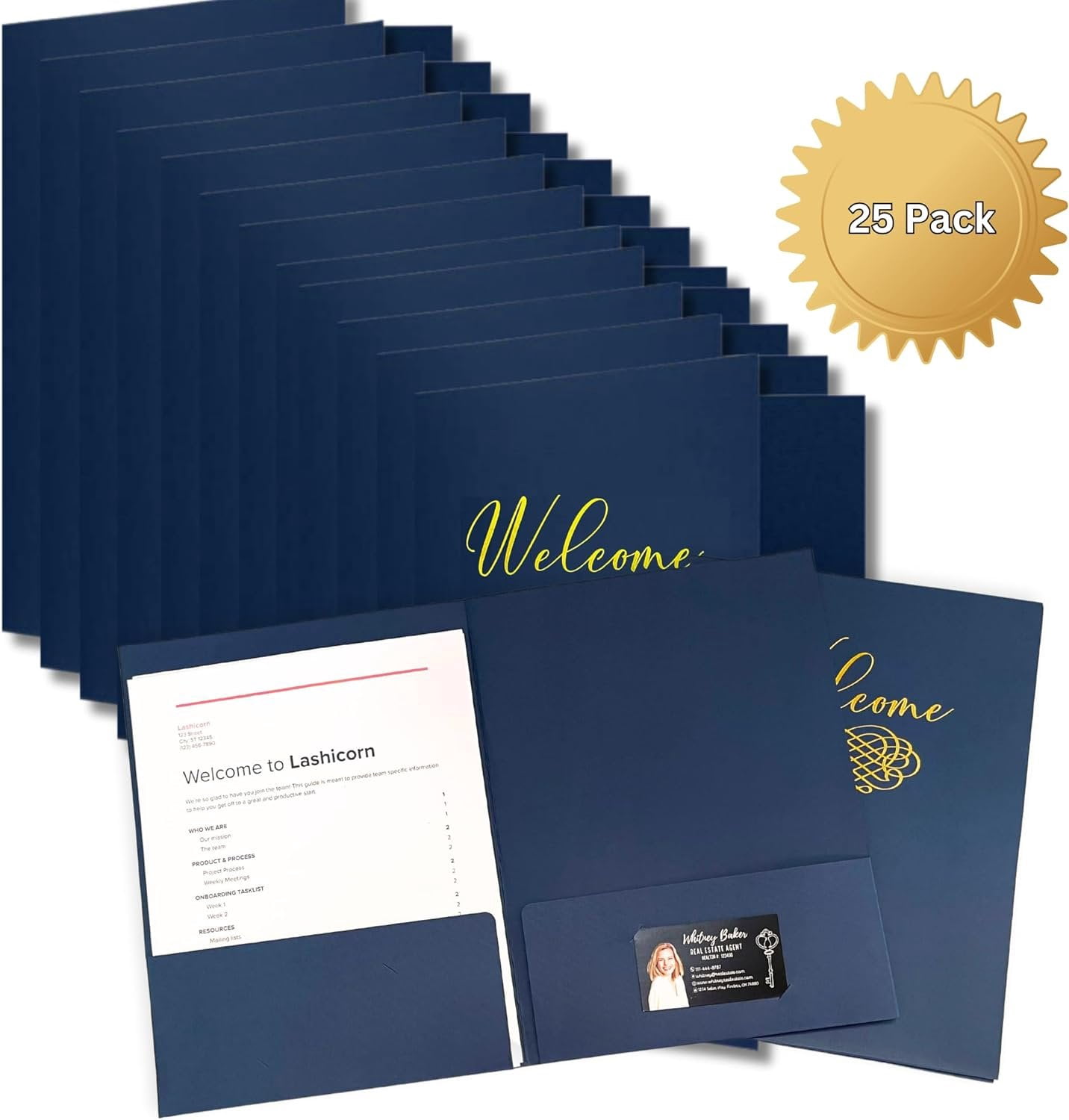 Welcome Packet Folders Dark Blue Linen Luxury with Two Pockets  25 pk 9x12 Gold Foil Membership, Church, Team, New Hire, Visitors Business Card Insert