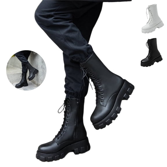 Mfakffe Womens Combat Platform Boots Chunky Lace Up Mid Calf Boots Lug Sole Round Toe Side Zipper Fashion Non Slip Boot