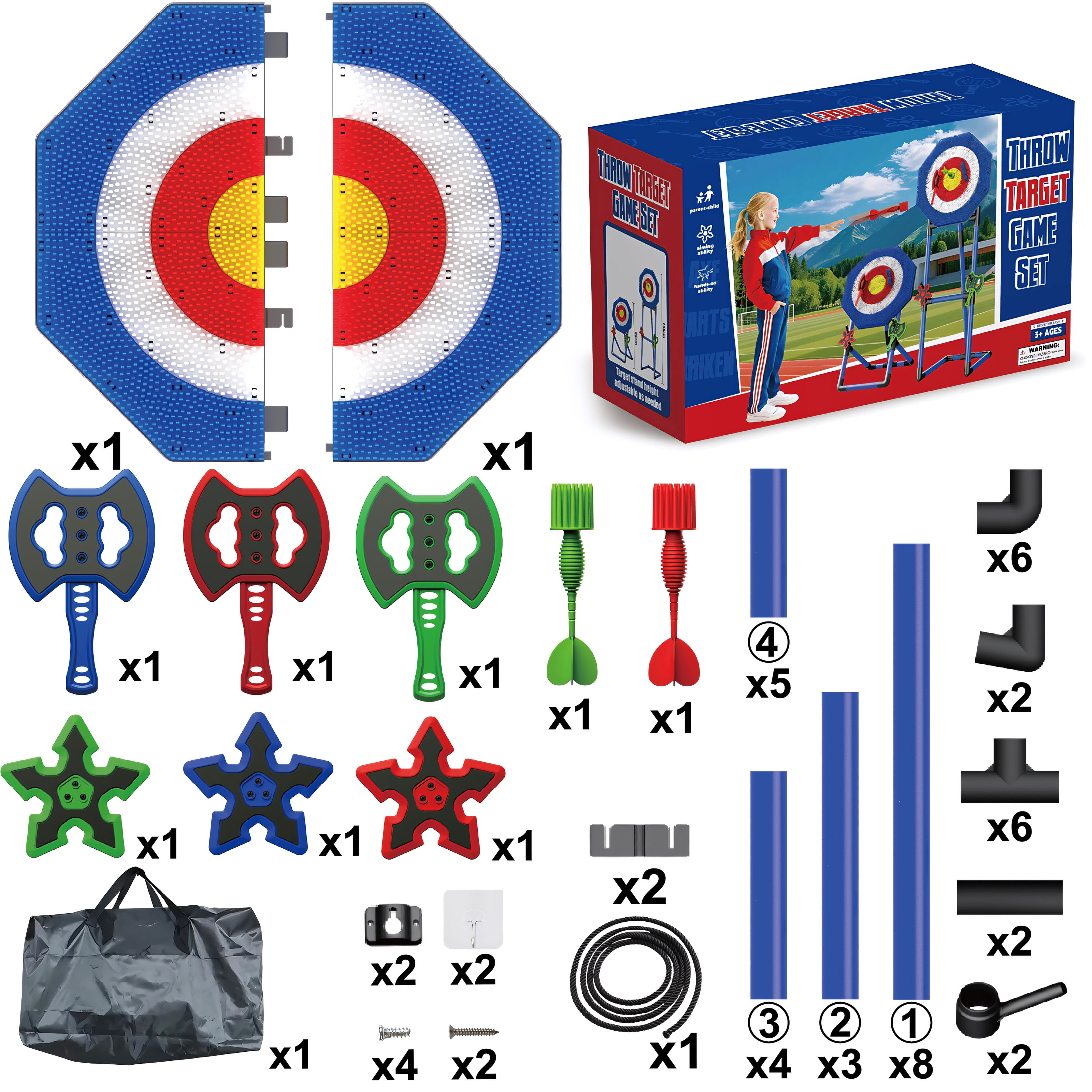 Plustopoy Axe Throwing Target Set with 3 Axes, 3 Star Darts and 2 Darts, Portable Backyard Games for Adults and Family, Indoor Outdoor Games