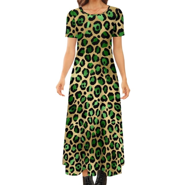 Robe Léopard Verte et Dorée Imprimé Fourrure Animale Style de Rue Boho Plage Longues Robes Femmes Robe Maxi Vintage Grande Taille