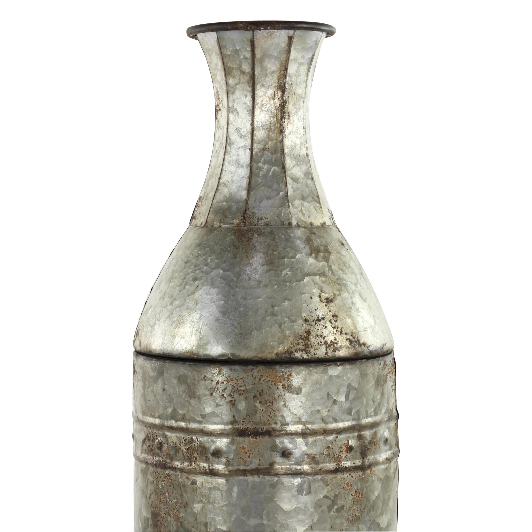 DecMode Farmhouse Cylinder Shape Extra Large Silver Distressed Metal Floor Vases, Set of 3, 43", 33", 25"H