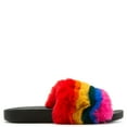 thumbnail image 2 of Colorful Rainbow Furry Vegan Slide Sandal Slippers Women's Flat Shoes, 2 of 3