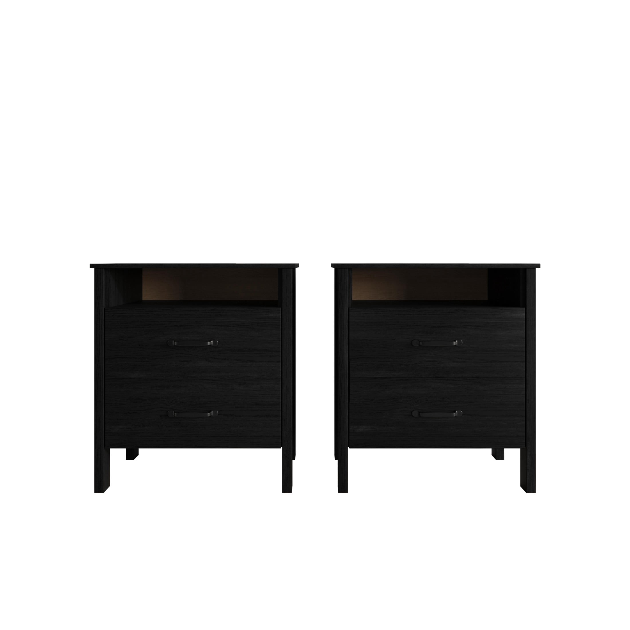 Home Design Alamosa Nightstand with Two Drawers and Open Shelf, Space-Saving Design, Black (Set of 2)