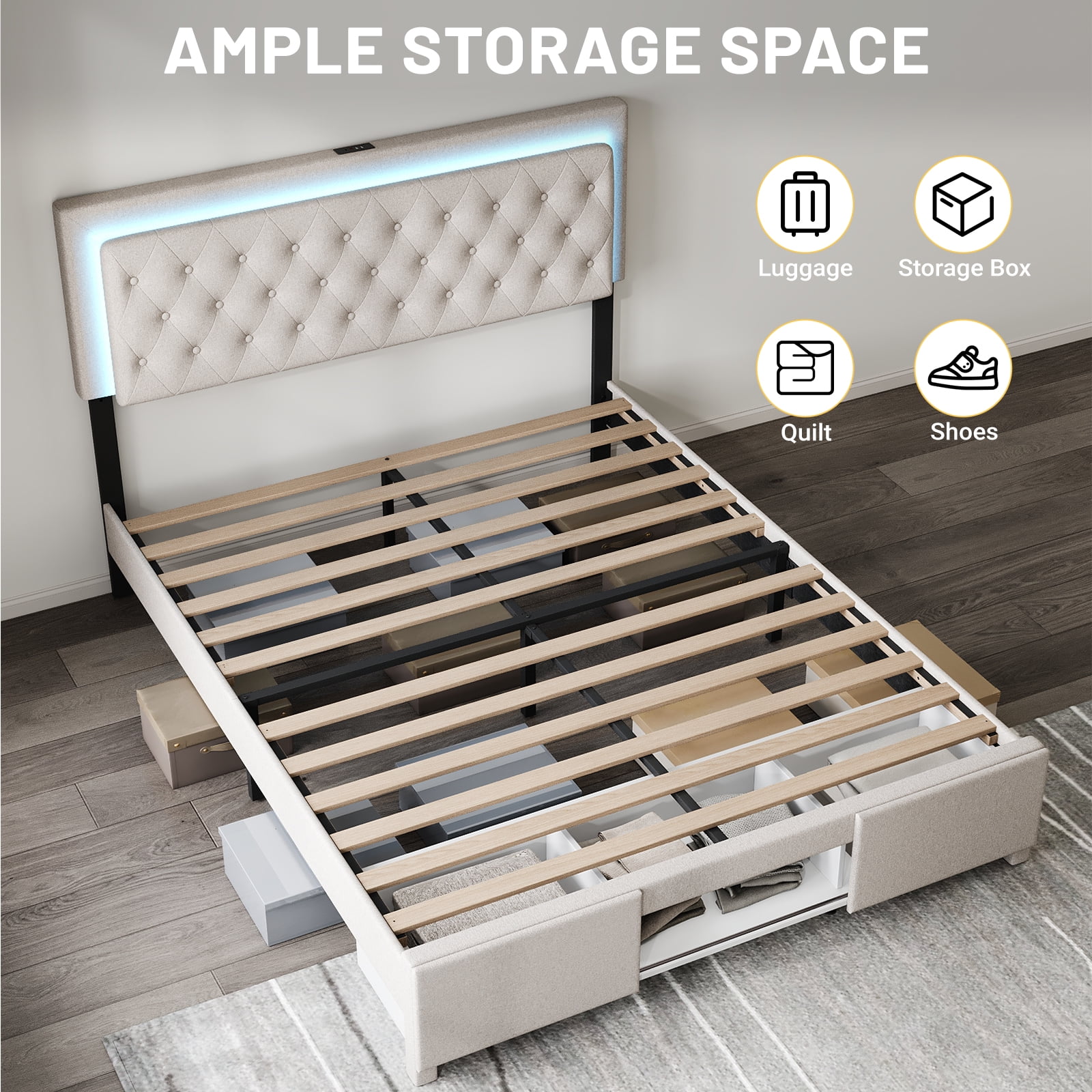 Bed Frame Queen Size with Sliding Barn Door Storage Cabinets,Headboard and LED Light,Solid Wood Slats Support,Noiseless,(Off-white)