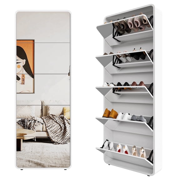 Facilehome Slim Mirrored Shoe Cabinet with Full-Length Mirror, 5 Flip Drawers, Storage Organizer, White