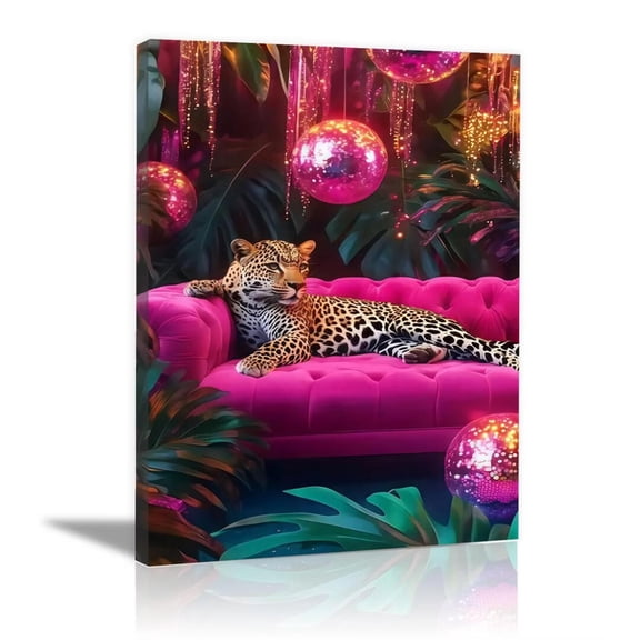 Mudket Leopard on Hot Pink Sofa with Disco Balls Canvas Wall Art, Trendy Glam Party Wall Prints Waterproof Canvas for Living Room Apartment Home Decor , Framed Ready to Hang - 12"L x 8"W
