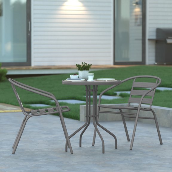 Emma Oliver 23.75'' Round Glass Top Metal Table with 2 Silver Aluminum Slat Stack Chairs