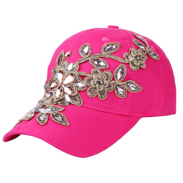 Women Hats Portable Adjustable Shiny Rhinestone Flower Embroidery Sunscreen Summer Cap Head Wear