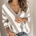 thumbnail image 1 of MKLEKYY Black Sweaters Womens V Neck Long Sleeve Pullover Top Striped Cutout Knit Sweater, 1 of 4